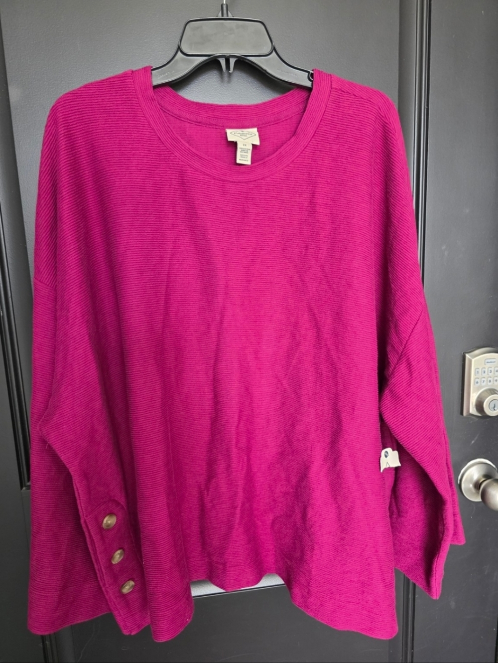 St John’s Bay Sweater Women 2X Plus Pink Ribbed Knit Top Button Sleeve Casual